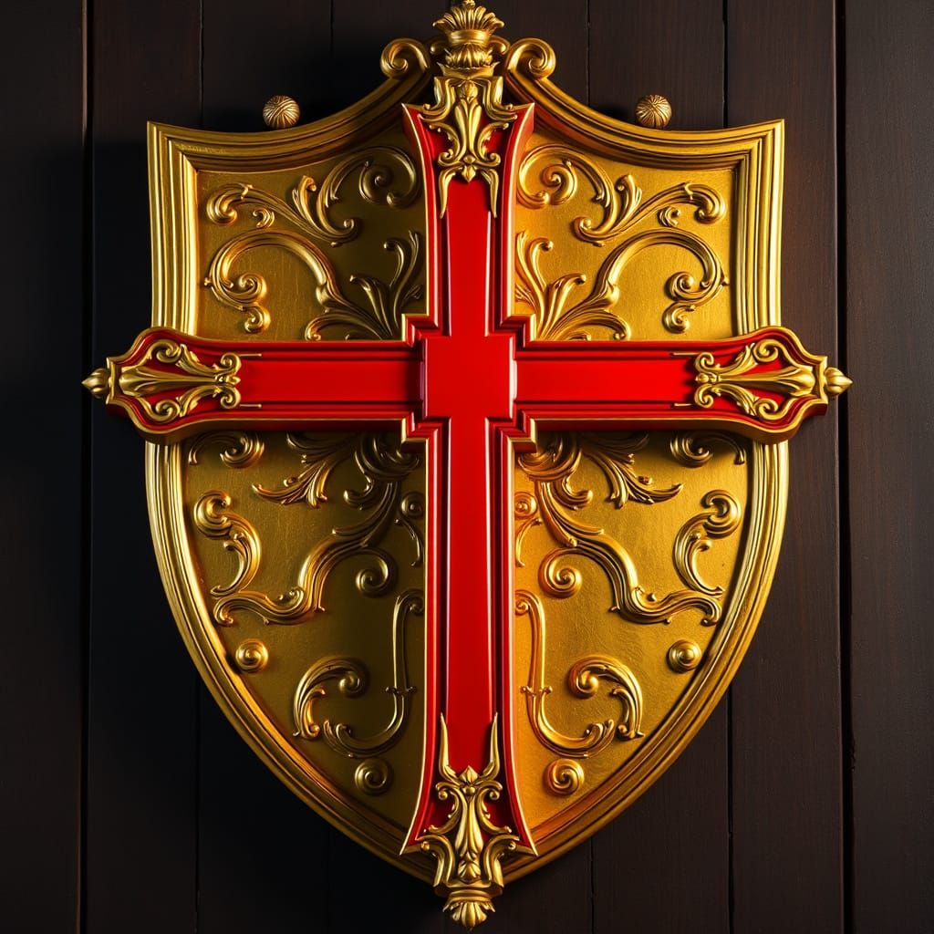 Majestic Red Christian Cross on Ornate Gold Shield