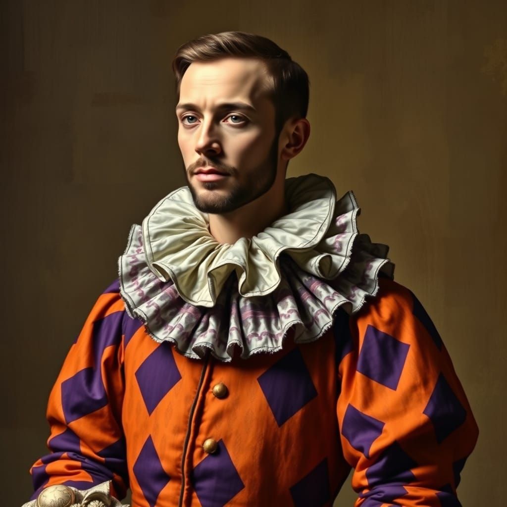 Jester in Lavish Harlequin Attire, 16th Century Renaissance