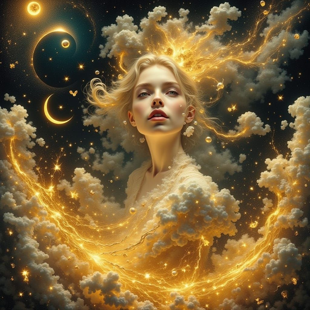 Woman with Cloud Face Floats Above Gold, Dreamlike Art