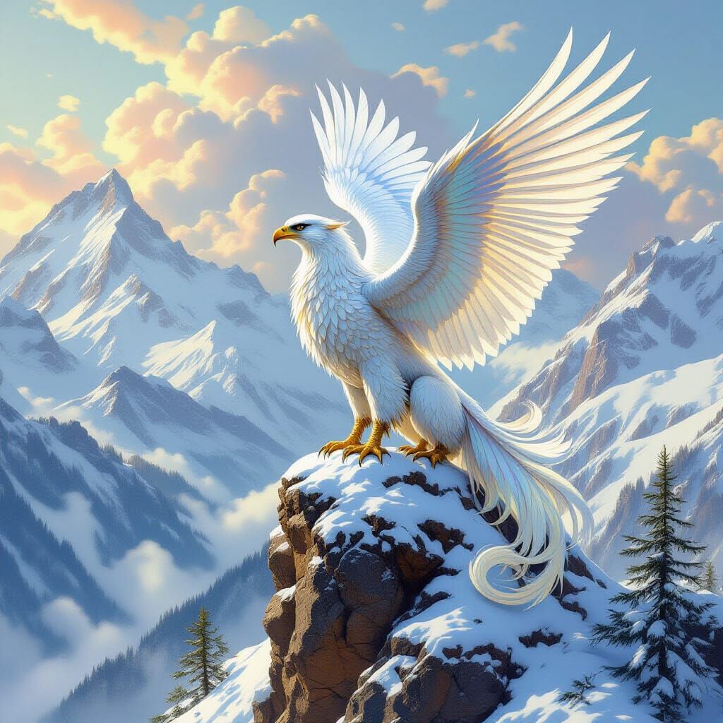 Iridescent Griffin Perched on Snow Mountain, Art Nouveau