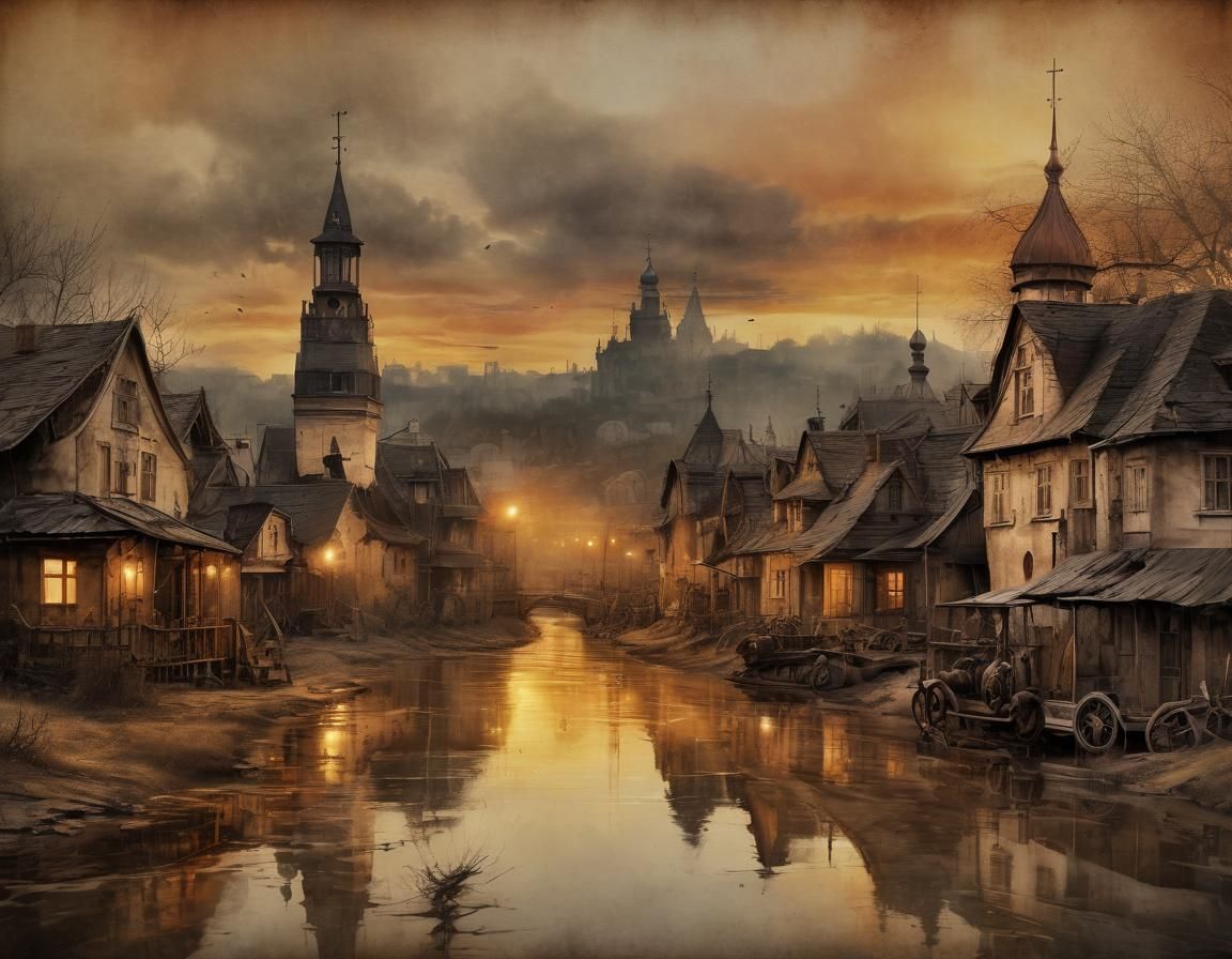Ukrainian Village Sunset in Steampunk Ink Painting