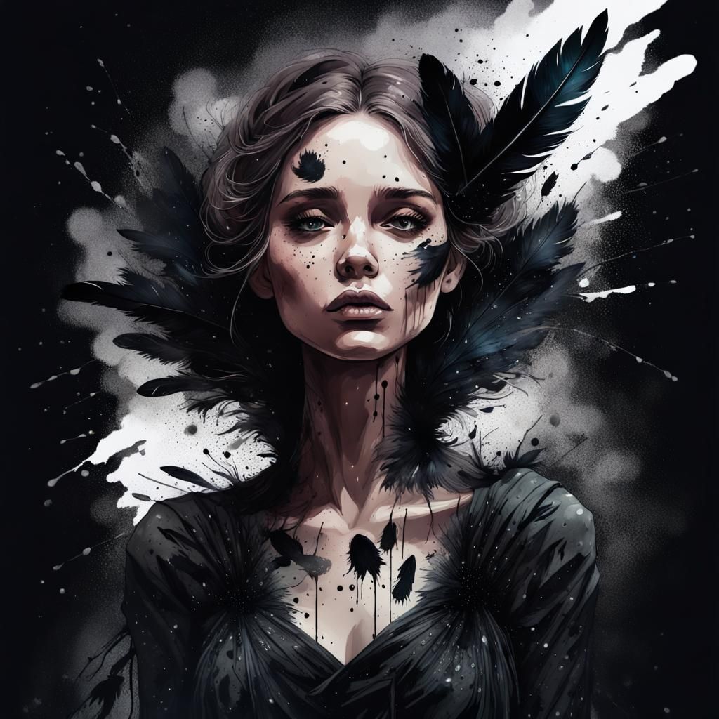 Dark Raven Princess in Ink Splatter Style