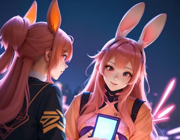 Anime Girls with Bunny Ears in Vibrant Japanimation Style