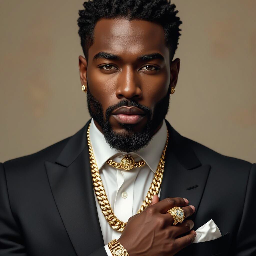 Rich Black Man in Tailored Suit with Gold Jewelry