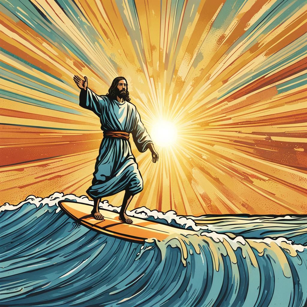 Jesus Surfing at Sunrise: A Divine Wave