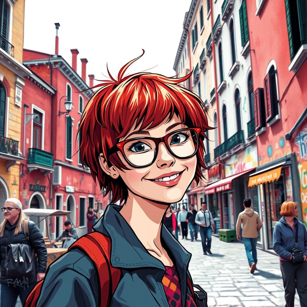 Vibrant Venice Street Scene with Redheaded Girl