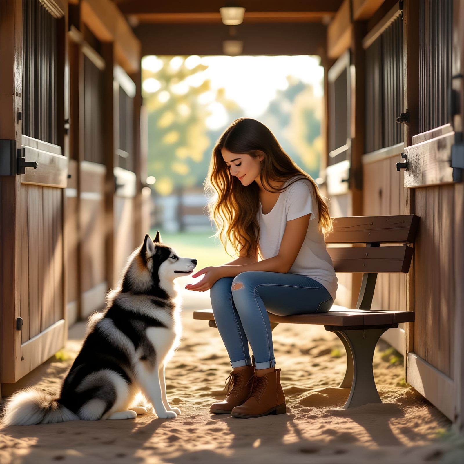 Girl and Husky in Sunlit Stables, Painterly Style