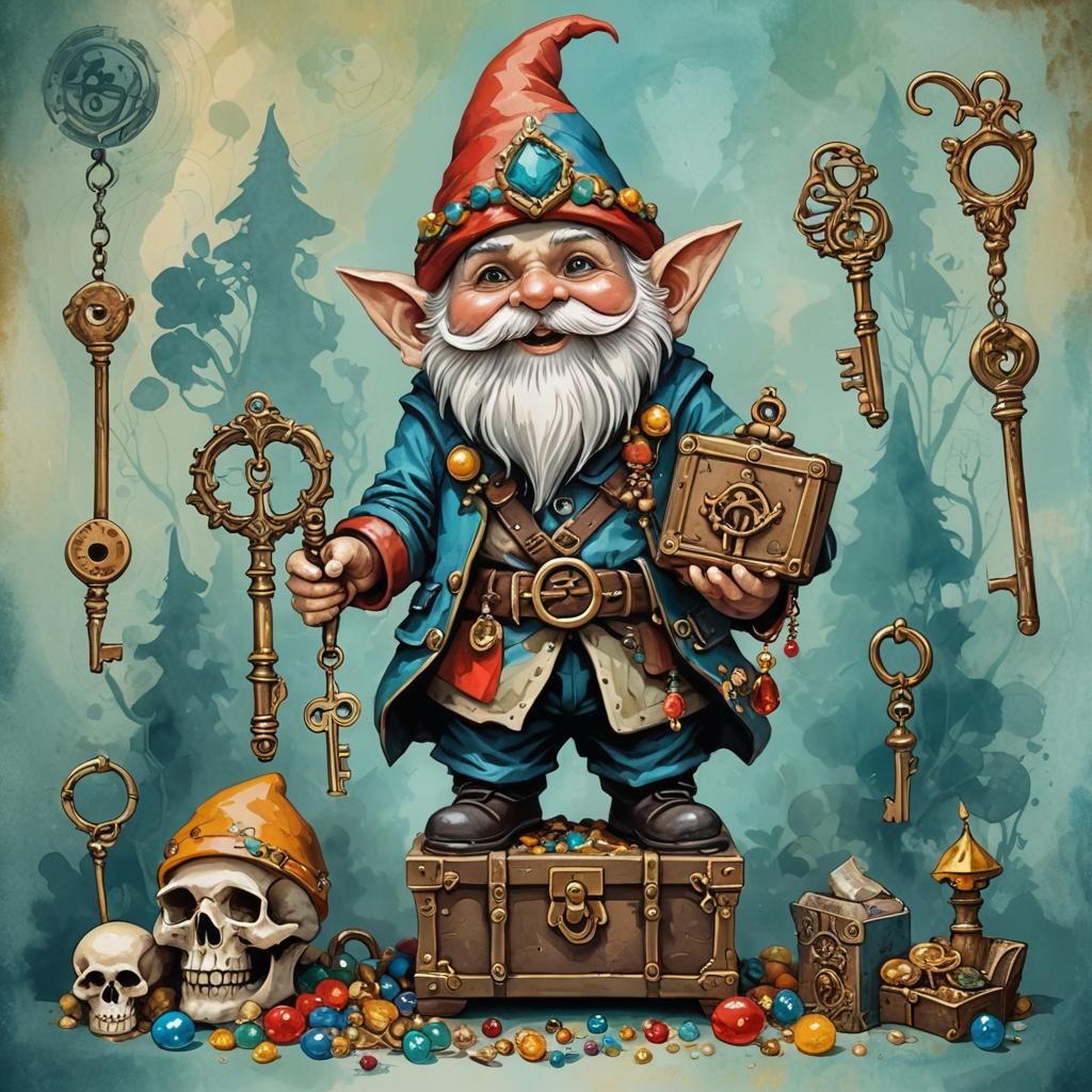 Gnome with Skeleton Key and Treasure