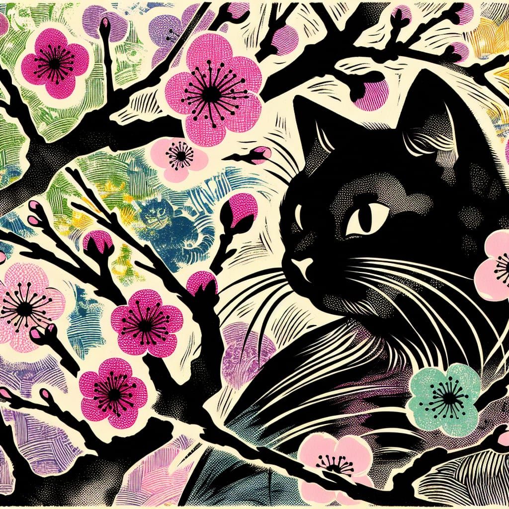 Abstract Cat Among Plum Blossoms, Japanese Woodblock Style