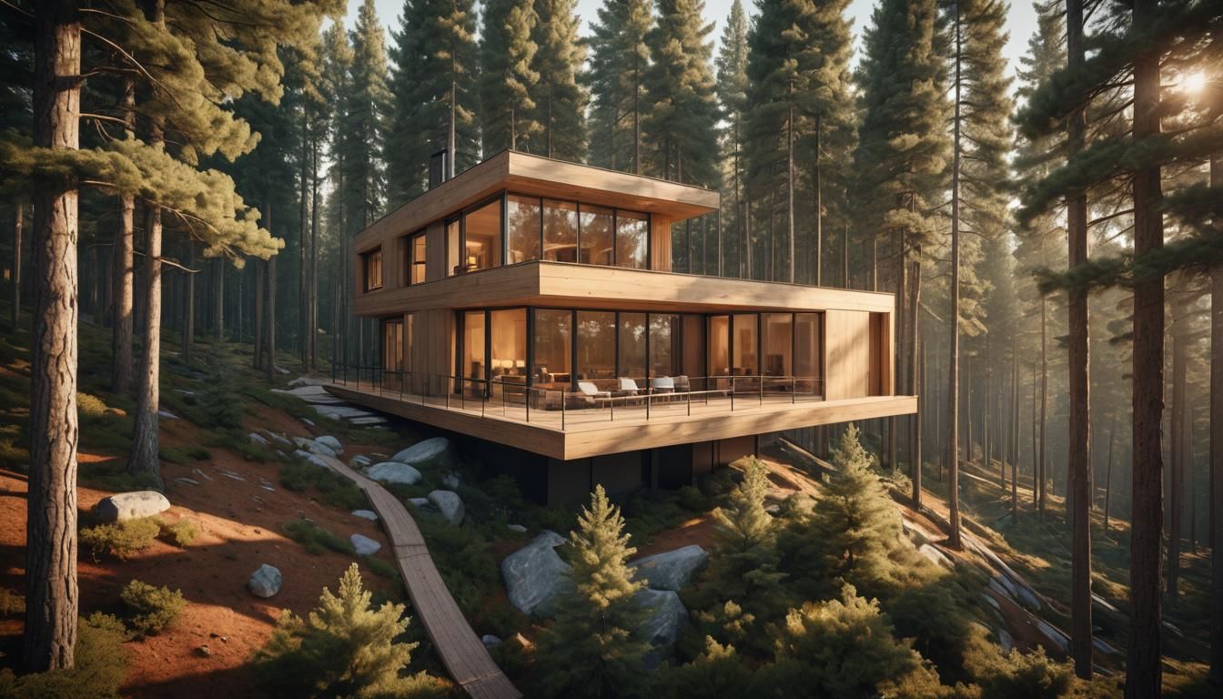 Modern Minimalist Cabin in Pine Forest at Golden Hour