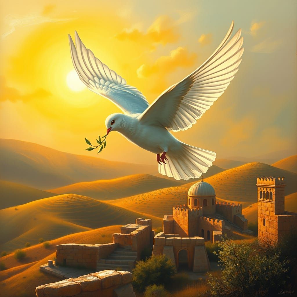 Peaceful Dove Soars Over Serene Palestinian Landscape