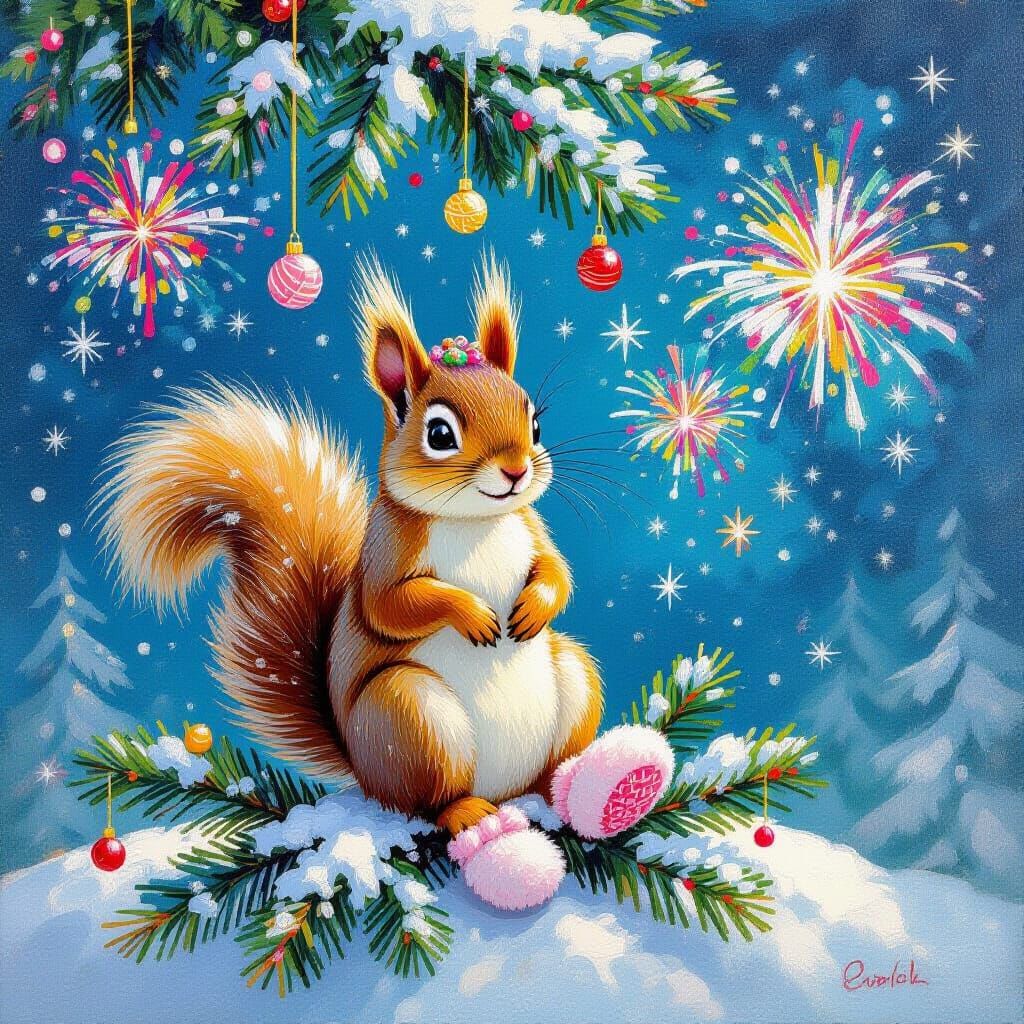 Whimsical Squirrel on Christmas Tree Amidst Snow and Firewor...