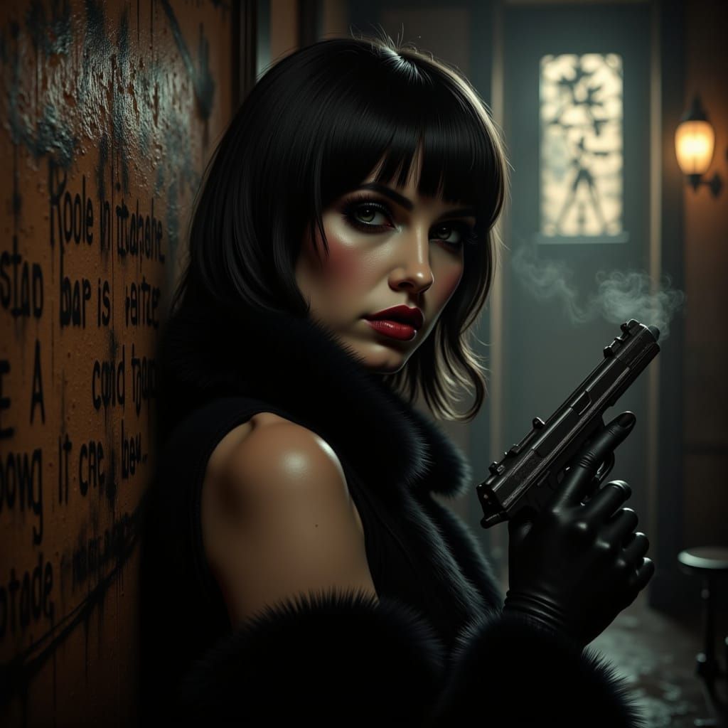 Enigmatic Femme Fatale with Smoking Gun in Smoky Bar