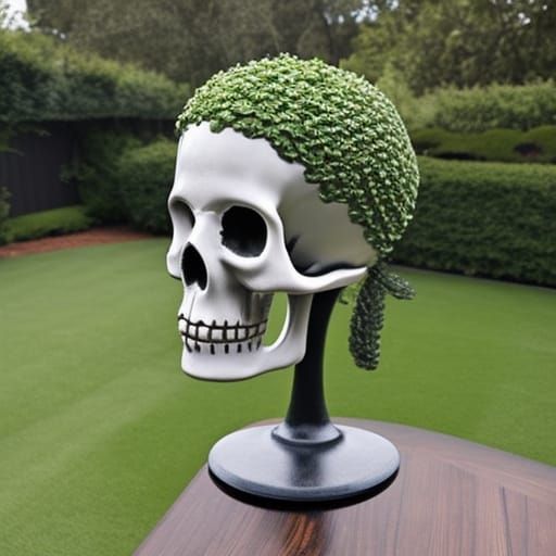 Topiary Skull Sculpture in Mixed Artistic Styles