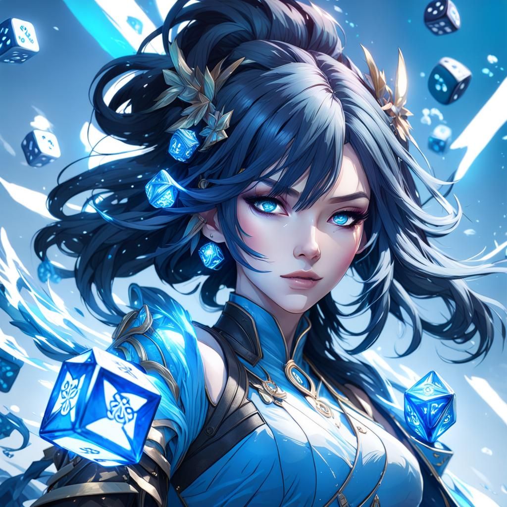 Yelan Portrait with Floating Dice, Detailed Digital Art