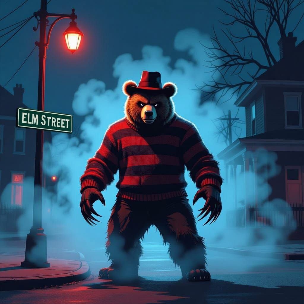 Fuzzy Bear Character on Elm Street Corner