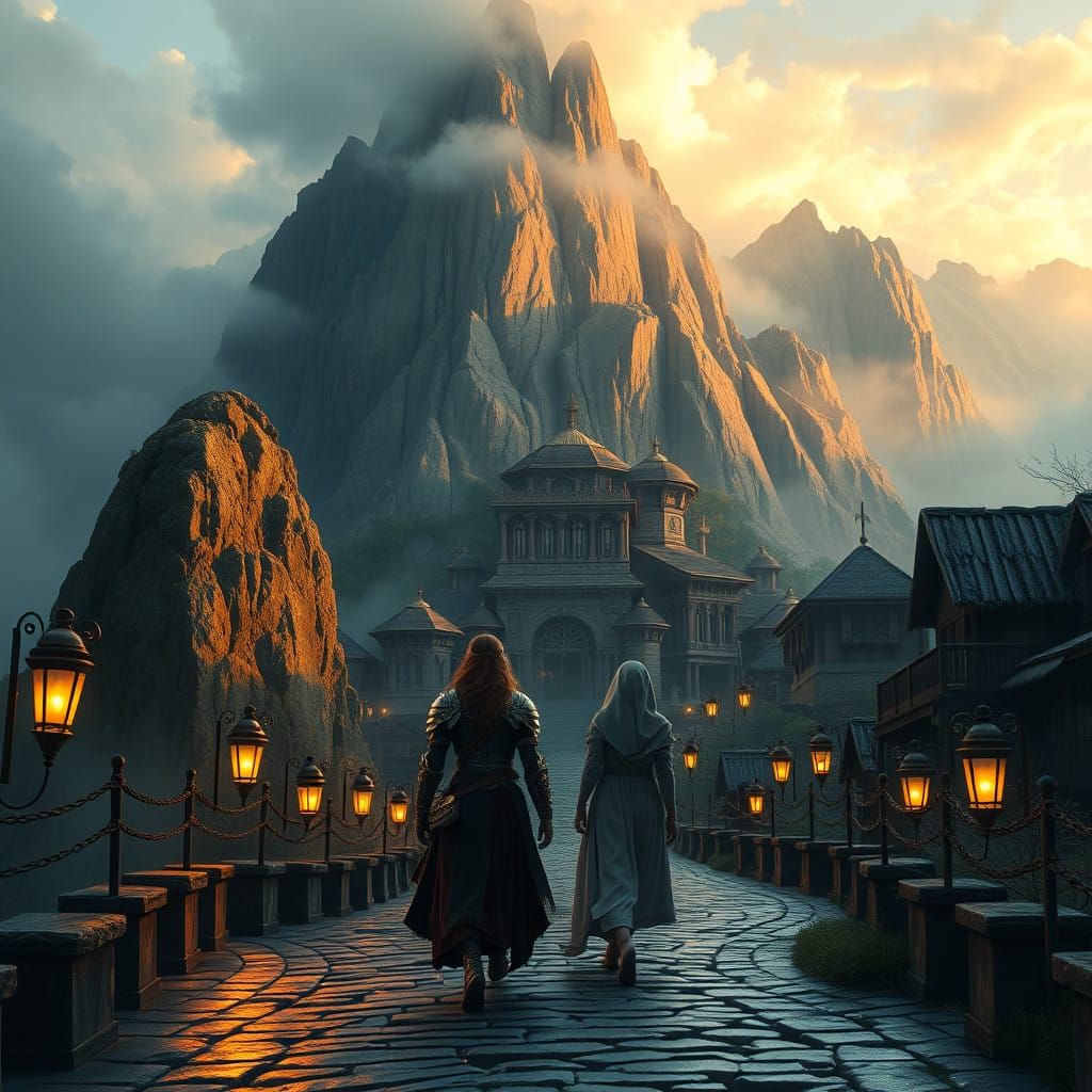 Majestic Mountain Village Guardians in Golden Light