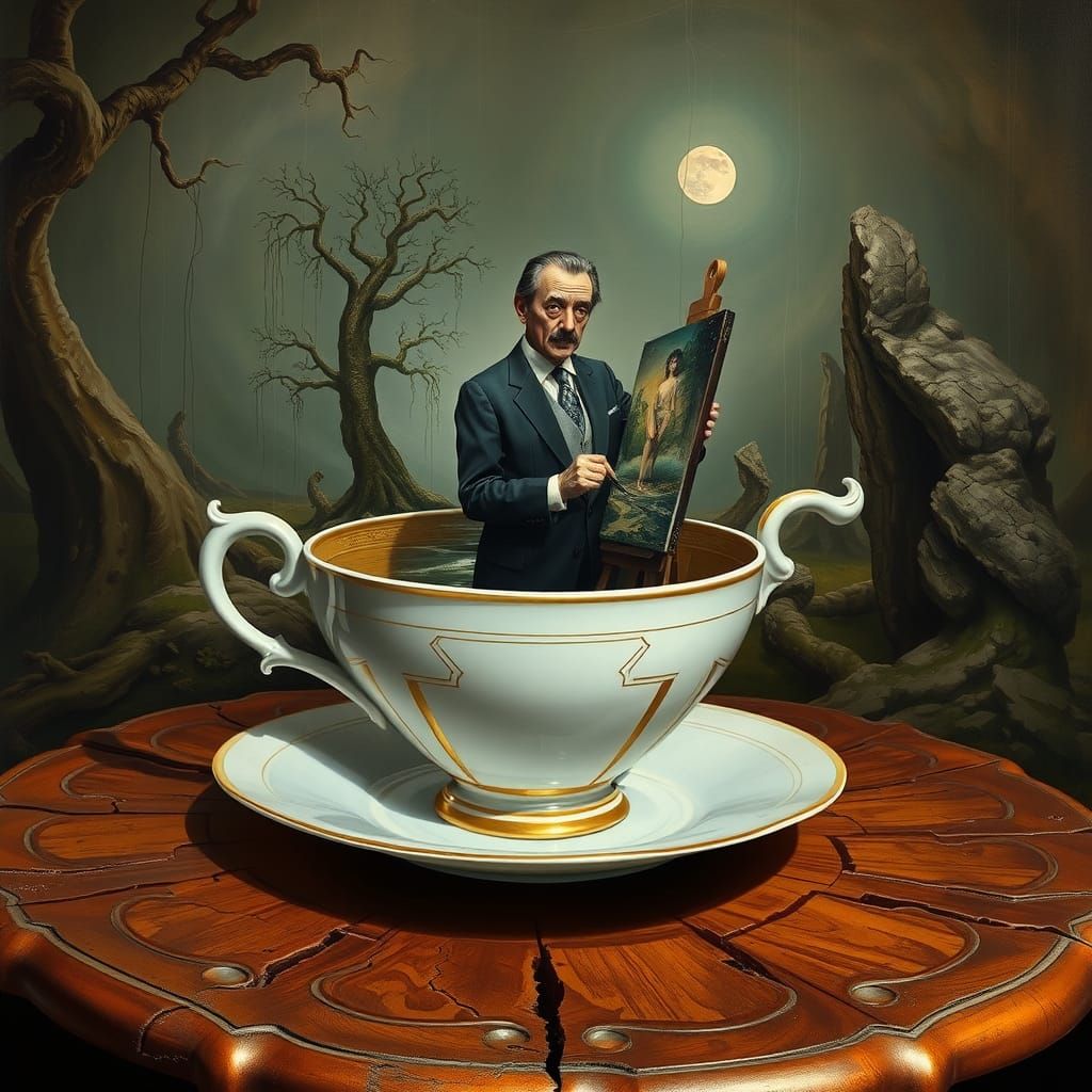 Surrealist Painter in Teacup, Pre-Raphaelite Style