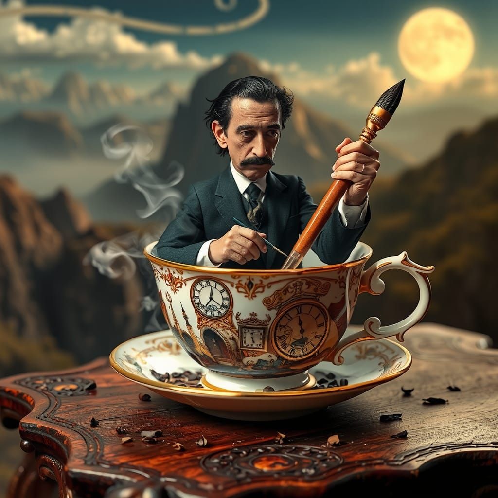 Surrealist Artist Painting in a Teacup Dreamscape
