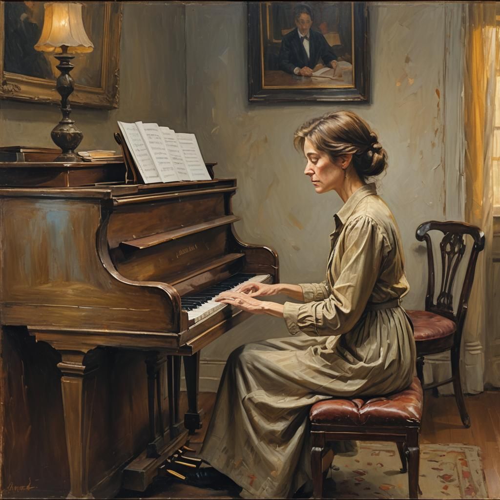 Woman at Piano: Oil Painting in Impressionist Style