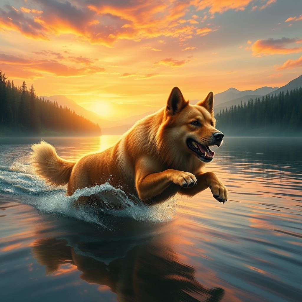 Golden Dog Rides the Sunset River