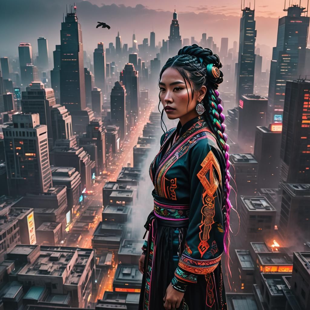 Aztec-Chinese Woman in Cyberpunk Dystopia