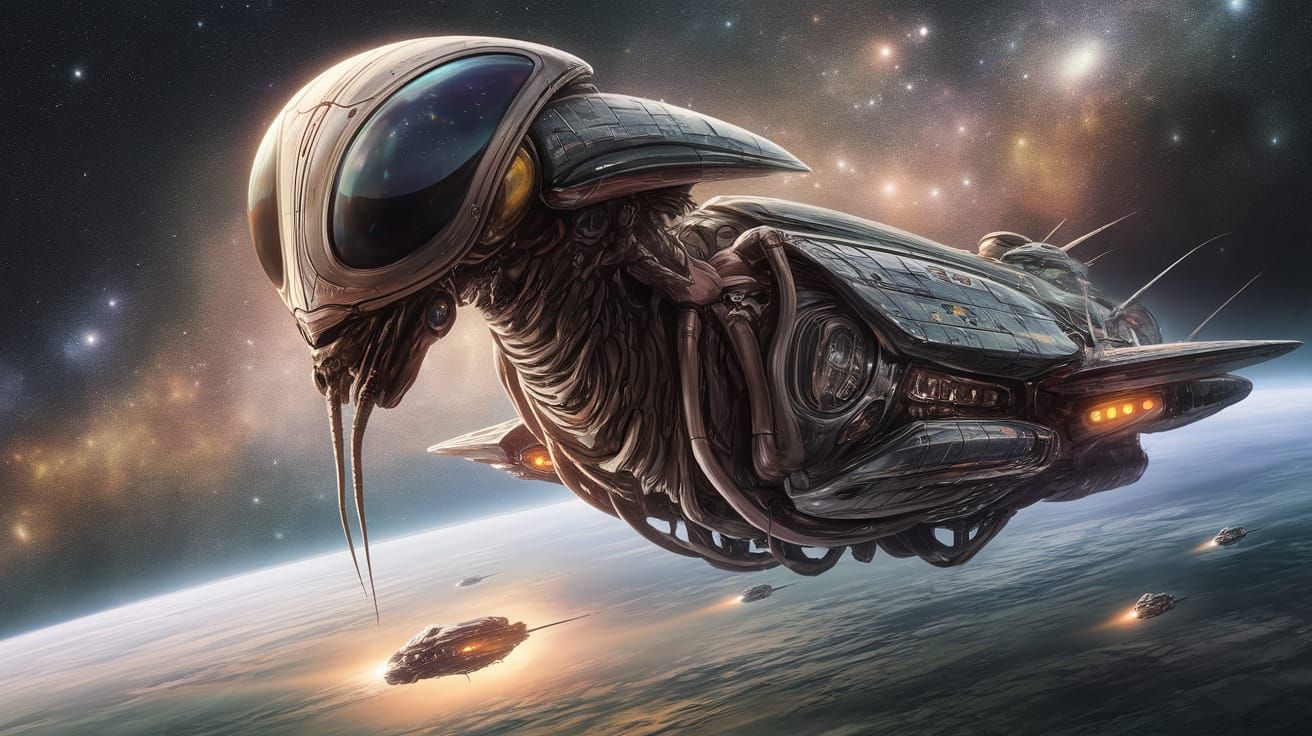 Cyberpunk Spacecraft with Mantis-Inspired Headpiece