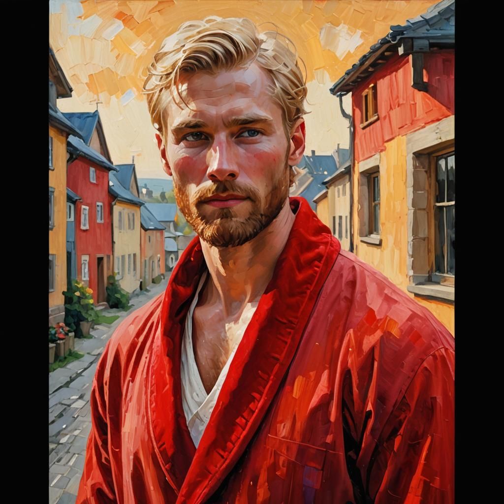 Nordic Man in Red Bathrobe as Impasto Oil Painting