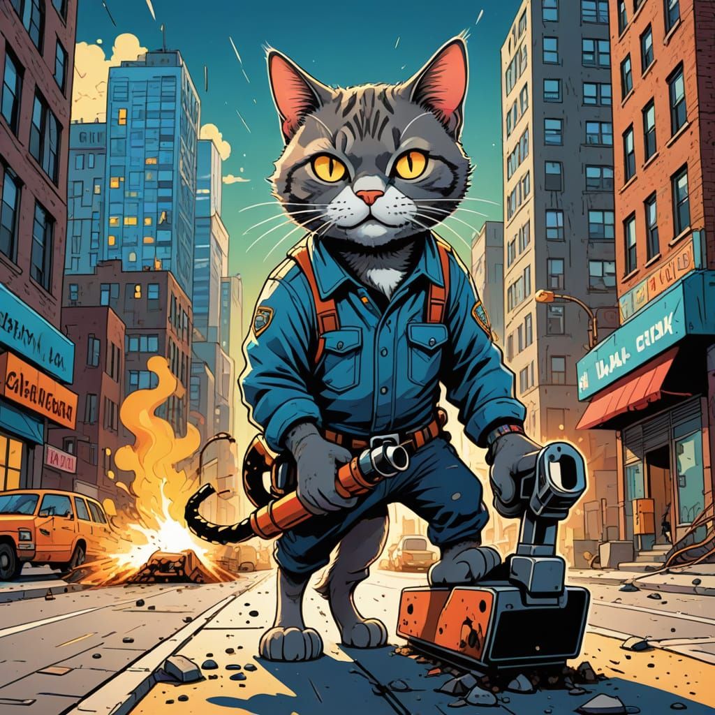 Vibrant Cartoon Cat Operates Jackhammer on City Street