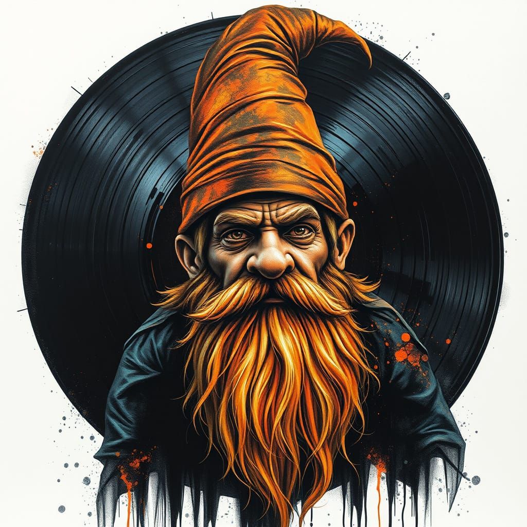 Detailed Charcoal Drawing of a Vinyl Record Gnome