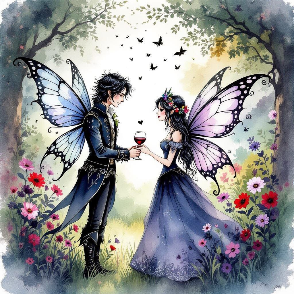 Gothic Fairy Couple's Garden Date in Watercolor Style