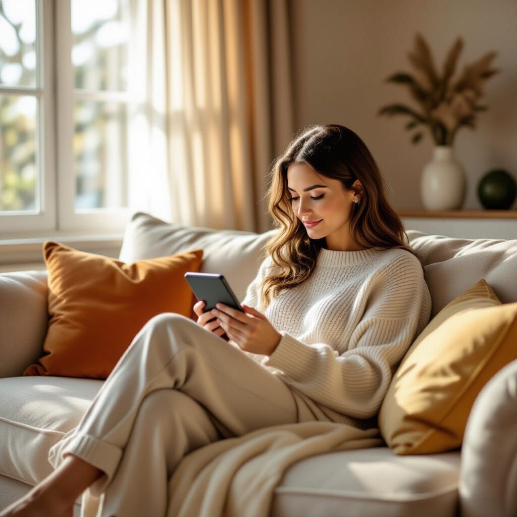 Woman Reading E-reader on Sofa in Sunlit Home