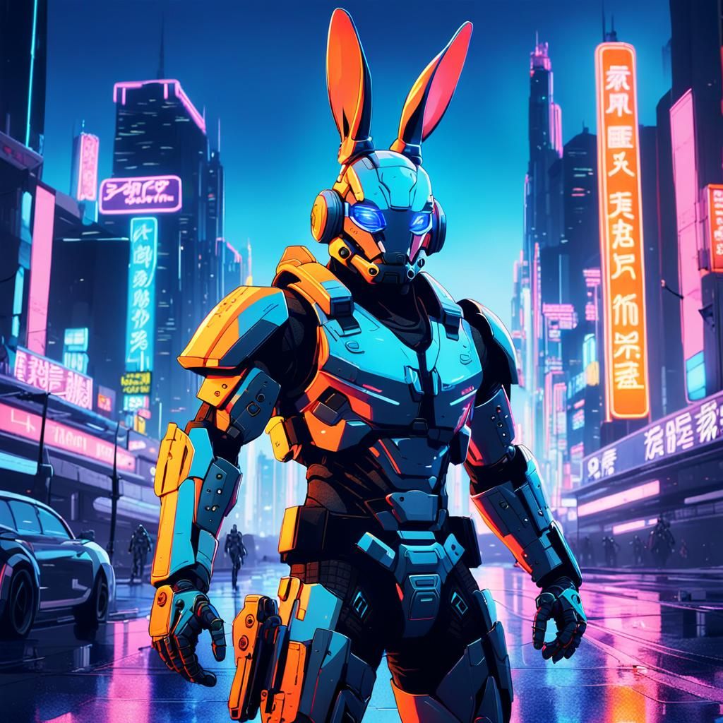 Futuristic Anime Rabbit Fighter in Neon Cityscape