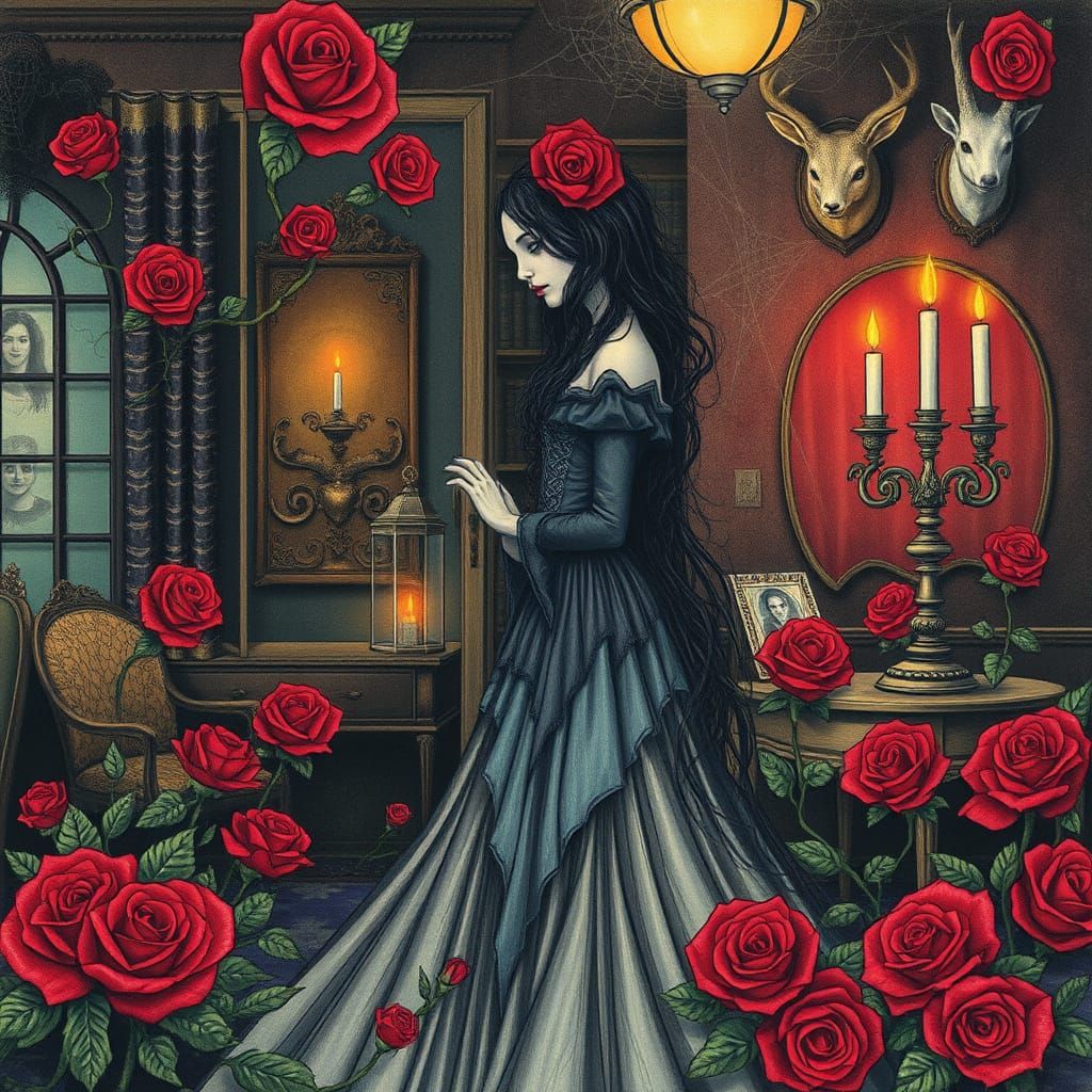 Whimsical Gothic Maiden in a Dimly Lit Parlor