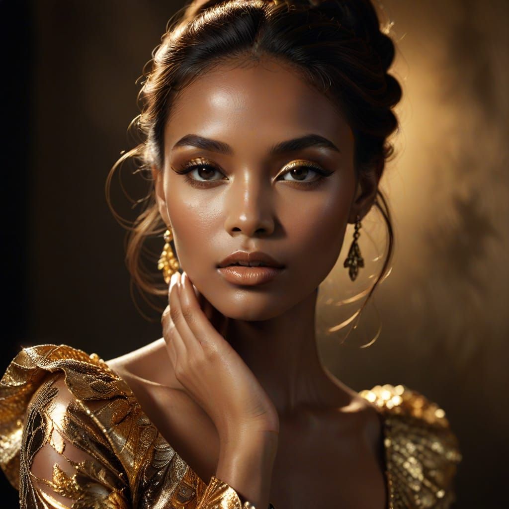 Elegant Dark-Skinned Woman in Gold Makeup, Soft Focus