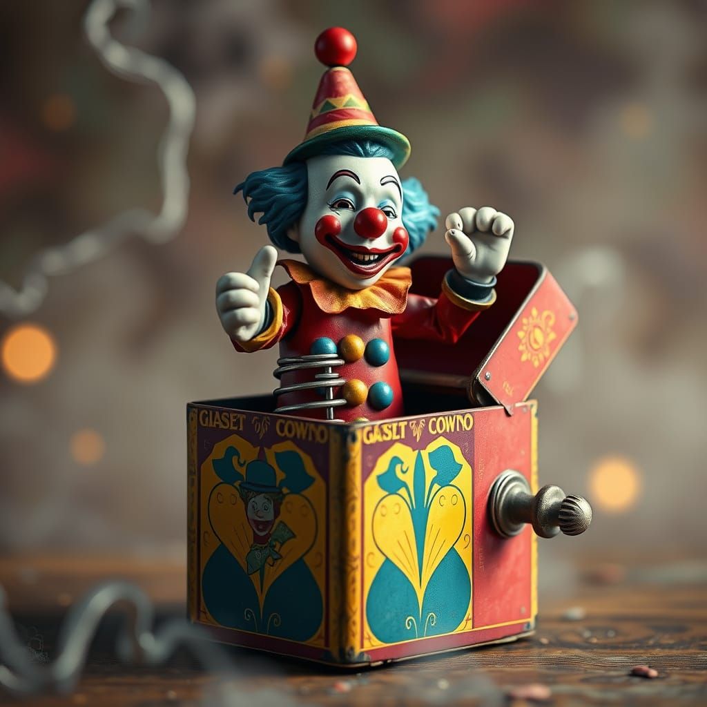 Clown Bursting from Jack-in-the-Box in Detailed Matte Painti...