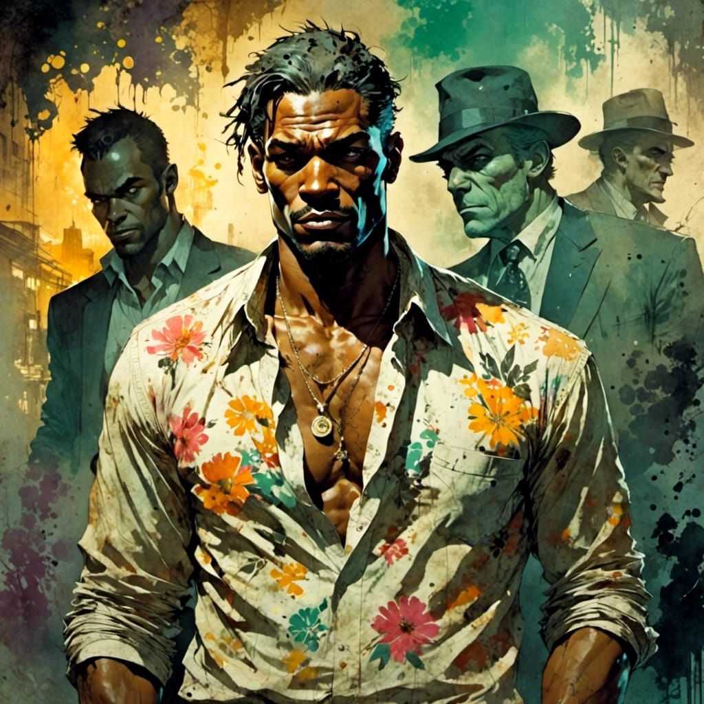 by Grand Theft Auto <lora:Matte Lense:1.0> <lora:Axis Comix:1.0> :: splash art :: grungy portrait of a greasy crime synd...