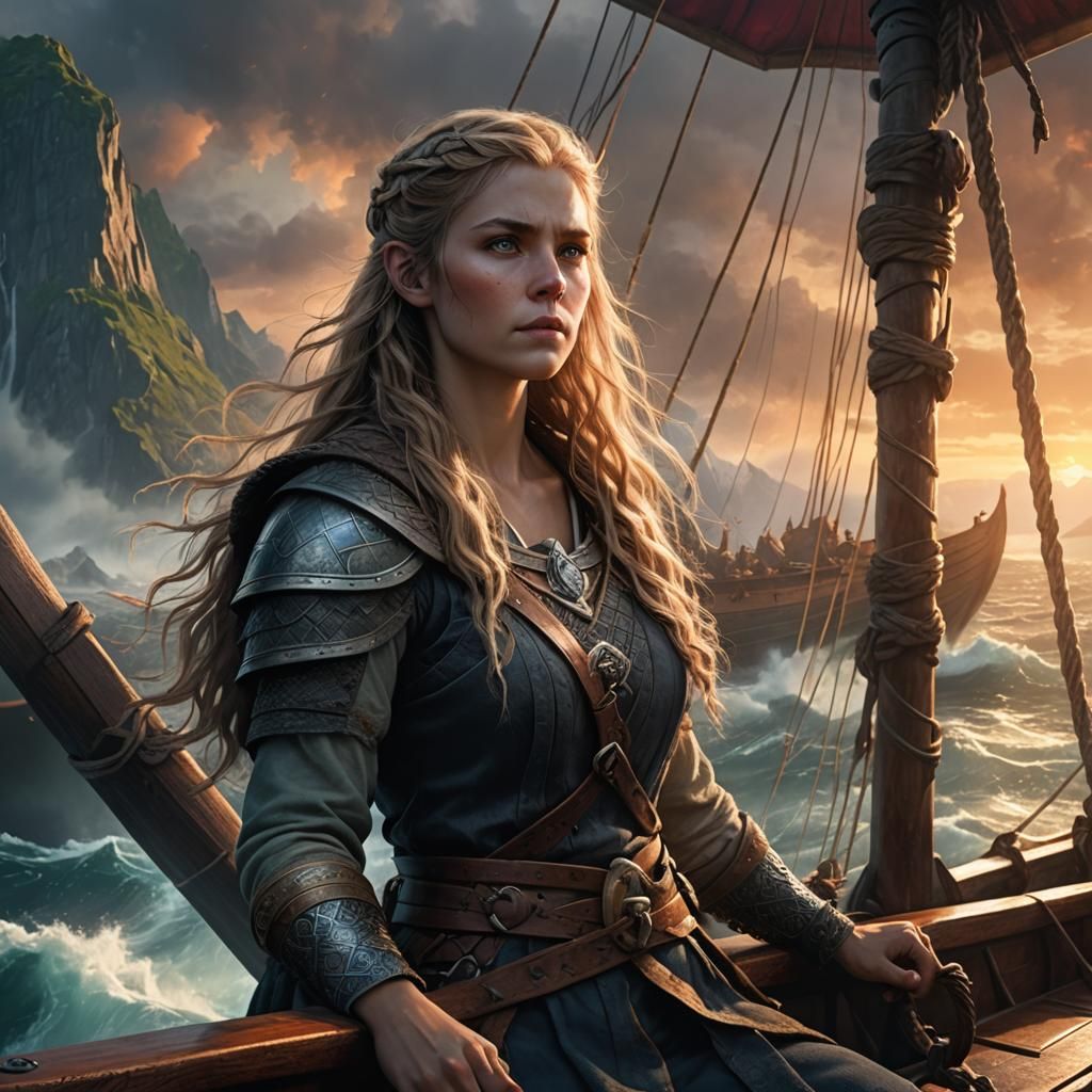 Viking Beauty on Ship Bow in Fantasy Style
