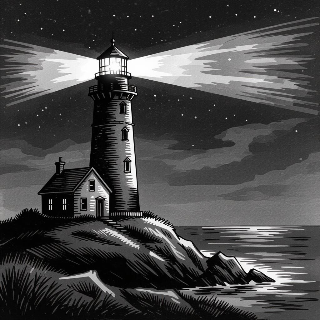 Eerie Lighthouse Shining Bright in Ink Drawing