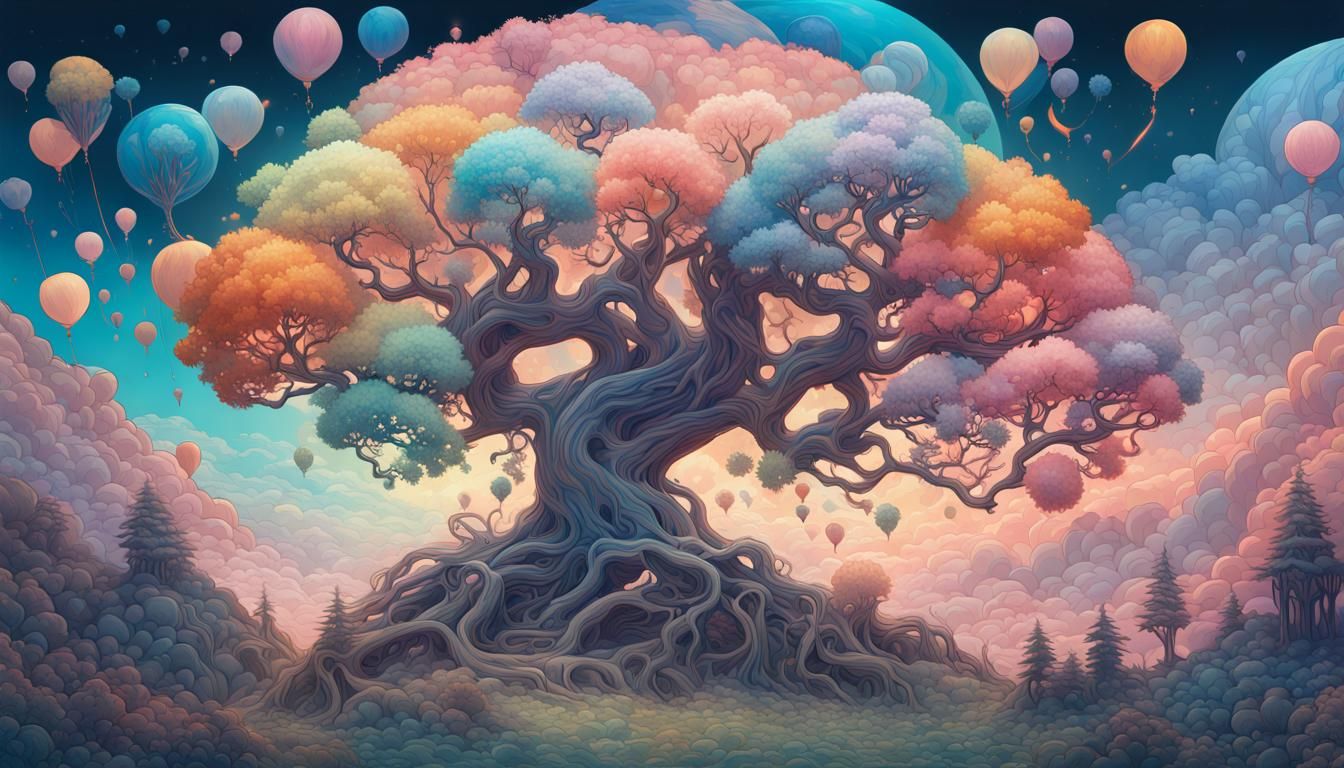 Magical Balloon Tree in Maximalist Digital Art