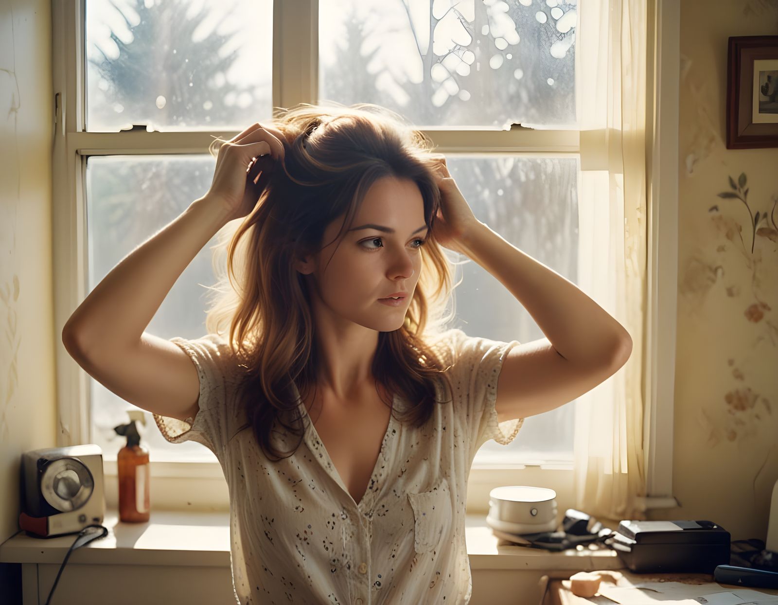 Woman Brushing Hair: 1970s Vintage Film Photo