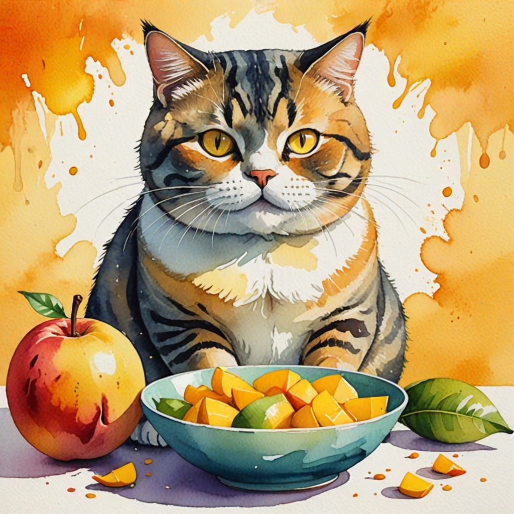 Whimsical Cat Enjoys Mango in Watercolor Style
