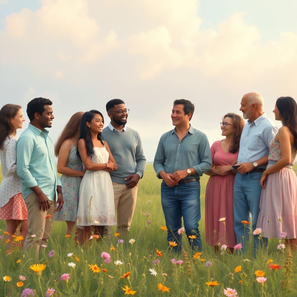 Harmonious Gathering in Lush Meadow as Impressionist Paintin...