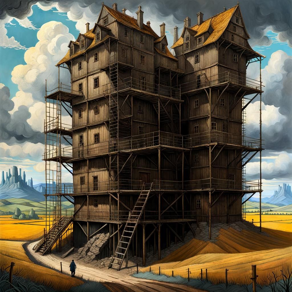 Utopian World with Weathered Wood and Scaffolding