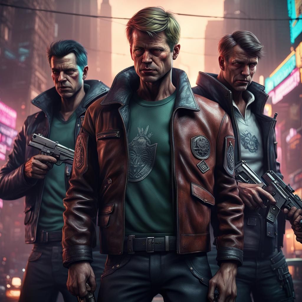 Cyberpunk Gang of Kennedy Clones in Detailed Matte Painting