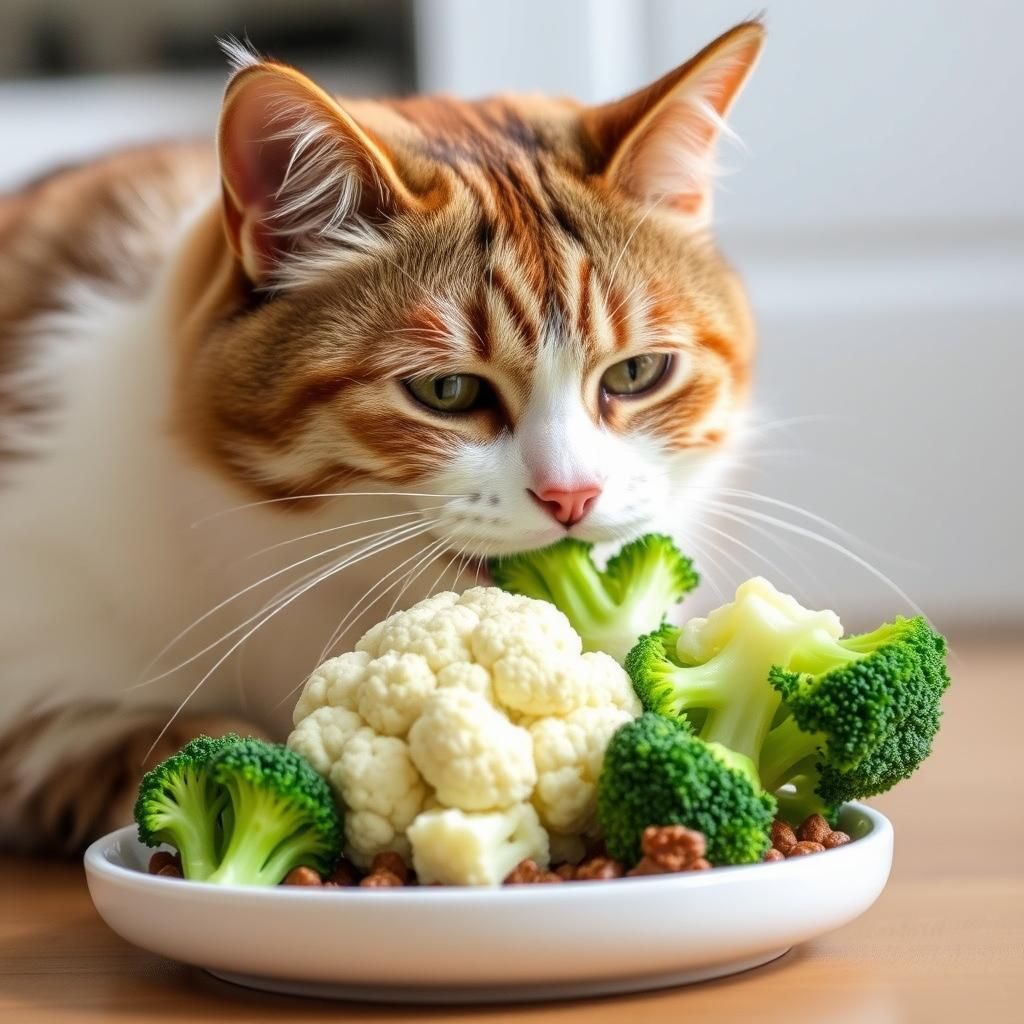 Cat eating broccoli and cauliflower cat food