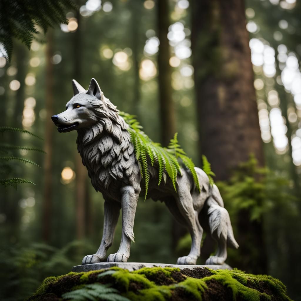 Fern-Covered Wolf Statue in Ancient Forest