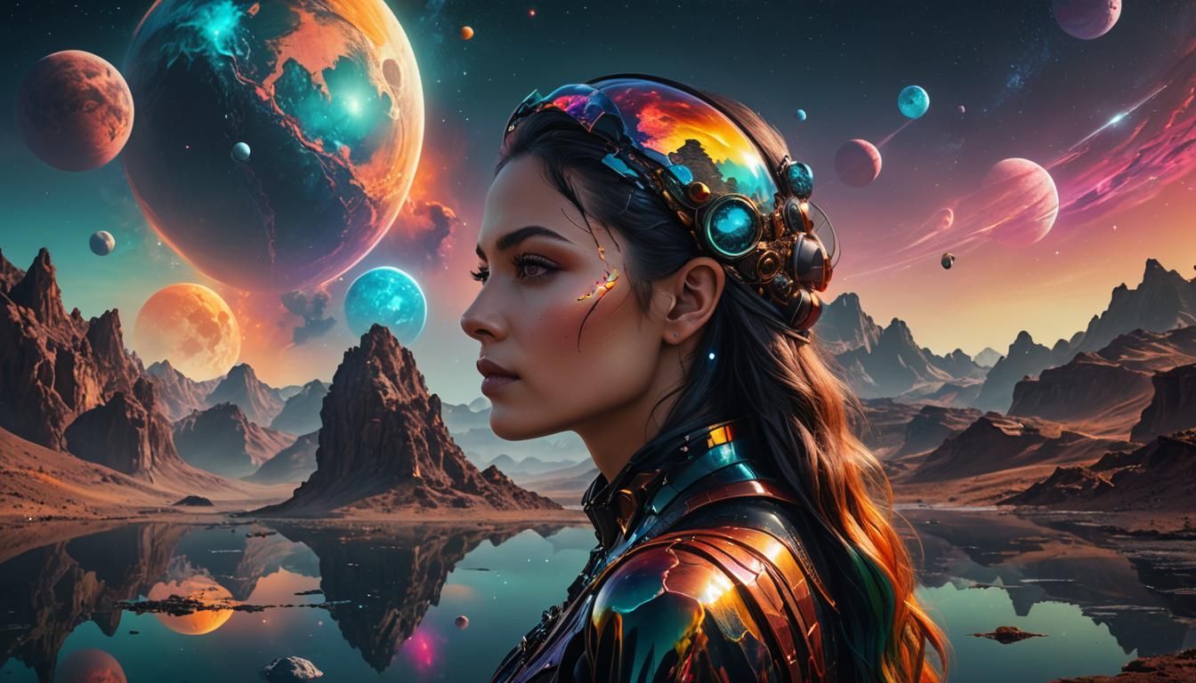 Woman's Portrait with Alien Planet Double Exposure