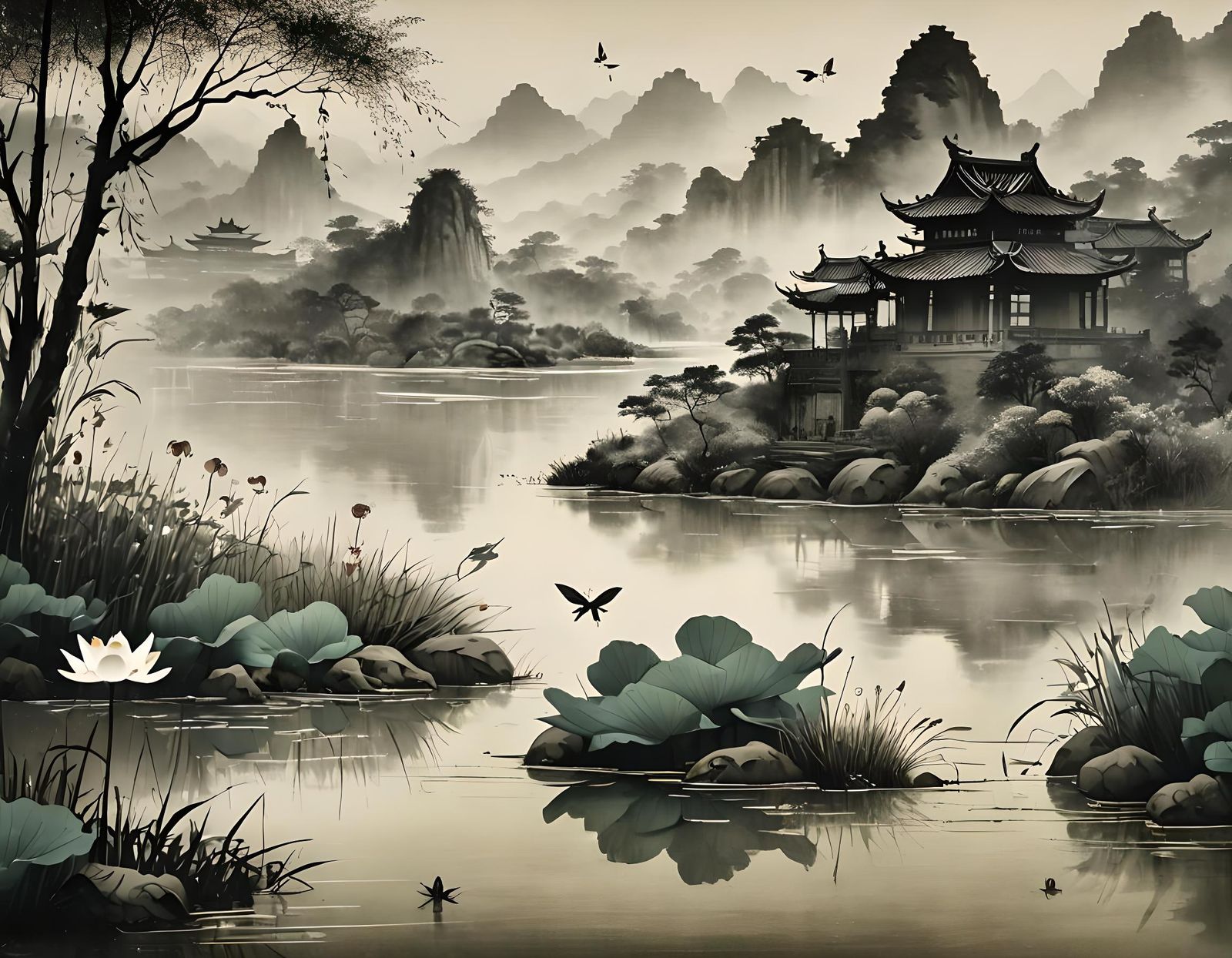 Yangtze River: Traditional Ink Painting of Serene Scene