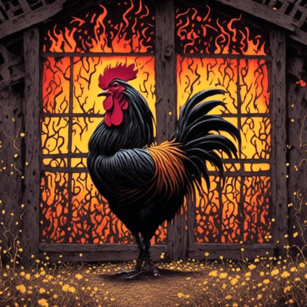 Rooster Stands Before Burning Barn in Graffiti Style